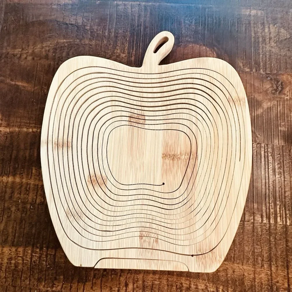 Collapsible Bamboo Fruit Basket Apple Shaped Folding Wood Bowl Trivet VTG Style